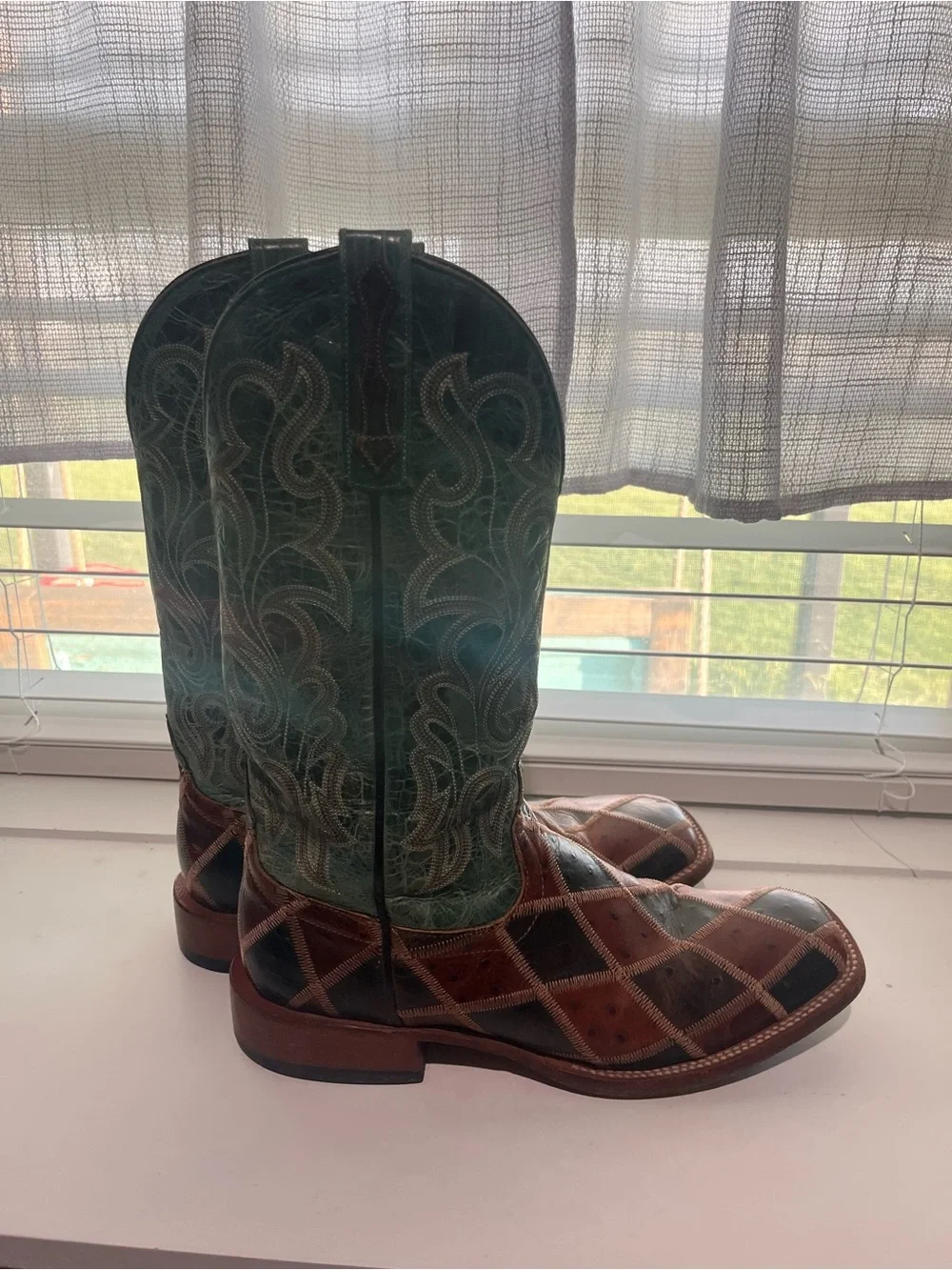 Men's Two-Tone Leather Western Boots - Brown & Green